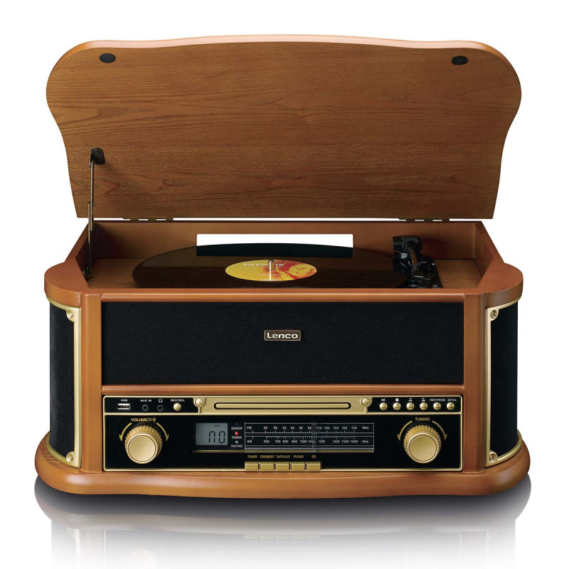 Tourne-disque rétro bois avec radio Bluetooth®, encodage USB, lecteur de CD, lecteur de cassettes et haut-parleurs intégrés