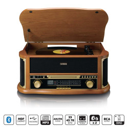 Tourne-disque rétro bois avec radio Bluetooth®, encodage USB, lecteur de CD, lecteur de cassettes et haut-parleurs intégrés