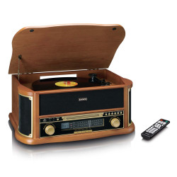 Tourne-disque rétro bois avec radio Bluetooth®, encodage USB, lecteur de CD, lecteur de cassettes et haut-parleurs intégrés